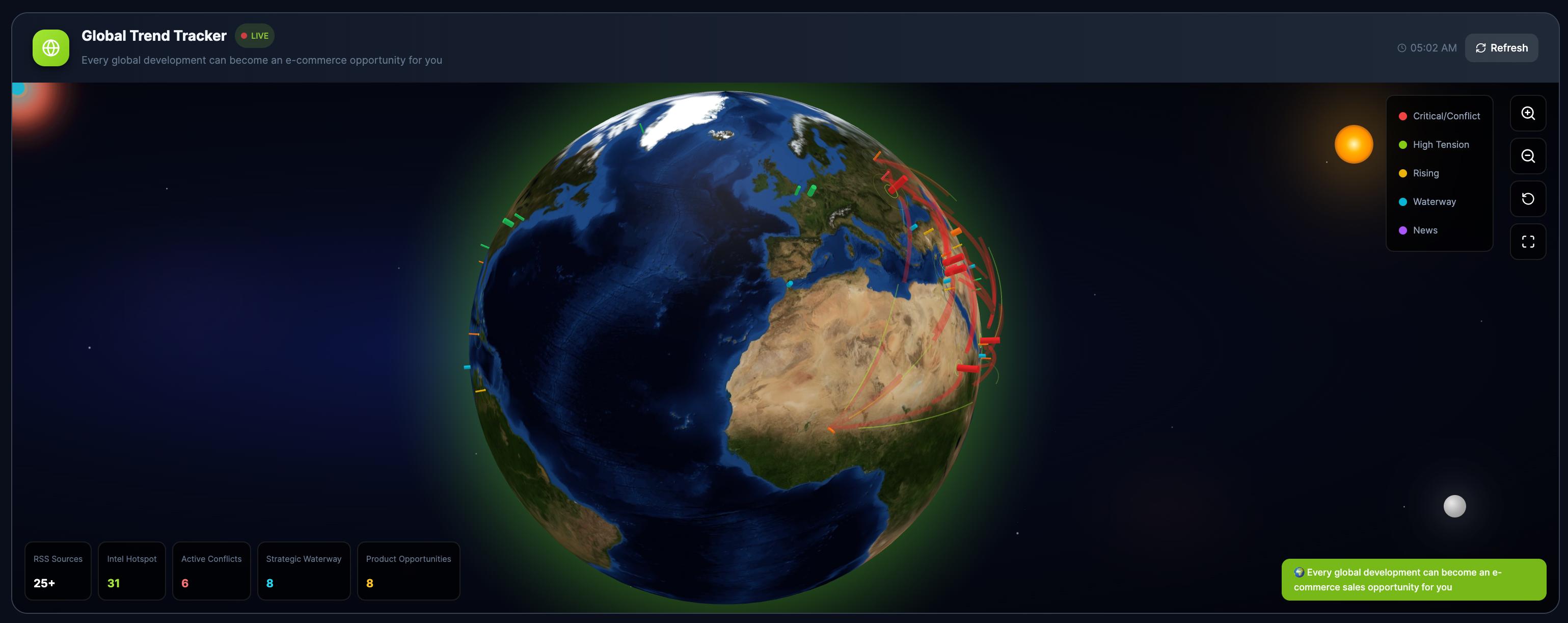 SellerBowl Global Trend Tracker — Interactive 3D globe showing real-time geopolitical events, trade routes, and e-commerce hotspots